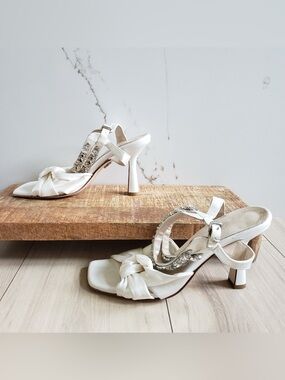 Beautiisoles Callie Sandal White Satin Knot Front Crystal-Trim Slingback Heels